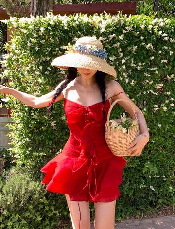 Bright Red A Line Spaghetti Strap Ruffle Chiffon Short Homecoming Dress Vacation Dress HZ1023